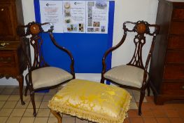 A PAIR OF EDWARDIAN SALON ARMCHAIRS, scrolled top rail above an inlaid roundel and pierced central