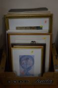 PAINTING AND PRINTS, folder of student's artwork, framed prints and paintings including a Venetian