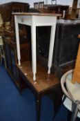 A GEORGIAN OAK FOLD OVER TEA TABLE, and a pine hall table on a painted base (2)