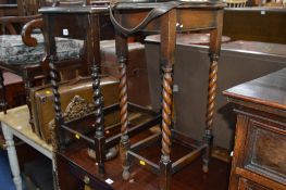 TWO OAK BARLEY TWIST OCCASIONAL TABLES, stained tool box, gilt mirror, Hohner accordian, four