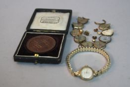 A 9CT LADIES WRISTWATCH, EARRINGS AND BRACELET SET, and a 1898 bronze Sunday School medallion in