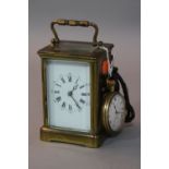 A LATE 19TH CENTURY FRENCH BRASS CARRIAGE CLOCK, white enamel dial, the back marked V.R. Brevete,