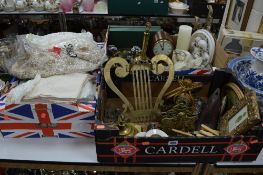 TWO BOXES OF METALWARE, Cherub ornaments, mahogany cased mantel clock, etc and a box of table