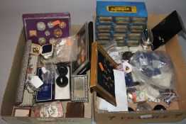 TWO BOXES OF MIXED COSTUME JEWELLERY, COINS, MISCELLANEOUS, etc