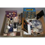 TWO BOXES OF MIXED COSTUME JEWELLERY, COINS, MISCELLANEOUS, etc