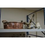 A TWIN HANDLE COPPER PAN, diameter 42cm, together with an electric three branch chandelier with