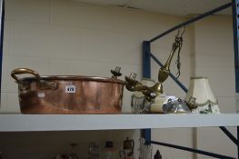 A TWIN HANDLE COPPER PAN, diameter 42cm, together with an electric three branch chandelier with