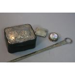 A MIXED LOT OF SILVER ITEMS, to include, Letter Opener, Vesta Case, Pill Box and Silver topped