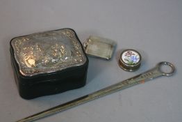 A MIXED LOT OF SILVER ITEMS, to include, Letter Opener, Vesta Case, Pill Box and Silver topped
