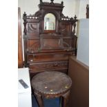 AN EDWARDIAN MAHOGANY PUMP ORGAN, an oak kitchen Queen and an Edwardian round occasional table (