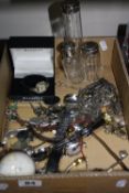 A BOX OF MISCELLANEOUS WATCHES, bottles, spoons, costume jewellery, etc