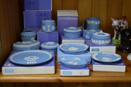 A COLLECTION OF BOXED WEDGWOOD PALE BLUE JASPERWARE, including a Moscow Olympics 1980 plate and