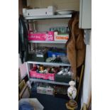 NINE BOXES AND LOOSE CERAMICS, GLASS, BOOKS, JACKETS, TABLE LAMP, PICTURES etc (all monies raised