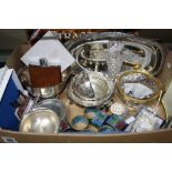 A BOX OF MISCELLANEOUS PLATED, silver, glass etc