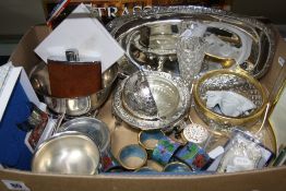 A BOX OF MISCELLANEOUS PLATED, silver, glass etc