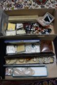 TWO BOXES OF COSTUME JEWELLERY, etc