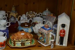 VARIOUS CERAMICS AND GLASS, to include novelty teapots (Sadler etc), Masons ceramic flask shaped