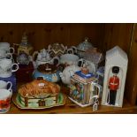 VARIOUS CERAMICS AND GLASS, to include novelty teapots (Sadler etc), Masons ceramic flask shaped