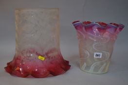 A LARGE RUBY FLASHED GLASS SHADE, approximate height 28cm and another ruby/vaseline glass shade,