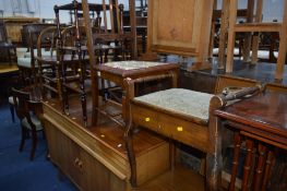 AN EDWARDIAN OAK CHAIR, piano stool, square whatnot and a captains chair (4)
