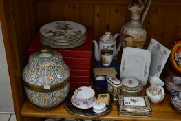 AN EARTHENWARE JAR AND COVER, boxed collectors plates, Wedgwood Clio pattern giftware, egg coddlers,