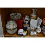 AN EARTHENWARE JAR AND COVER, boxed collectors plates, Wedgwood Clio pattern giftware, egg coddlers,