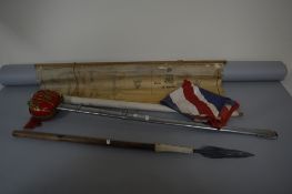 A REPRODUCTION SWORD, spear, union jack flag etc (4)
