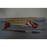 A REPRODUCTION SWORD, spear, union jack flag etc (4)