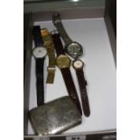 FIVE MIXED WRISTWATCHES, and a silver cigarette case