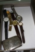 FIVE MIXED WRISTWATCHES, and a silver cigarette case