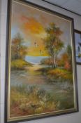 INDISTINCTLY SIGNED, LATE 20TH CENTURY SCHOOL, River landscape at sunset with two ducks flying in,