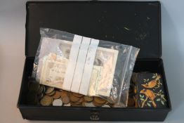 A BOX OF 20TH CENTURY ENGLISH AND FOREIGN COINS, various notes and a small tin of interesting