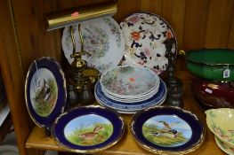 A SET OF SIX SPODE GAME BIRD PLATES, a brass desk lamp, pewter candlestick and cruet and other