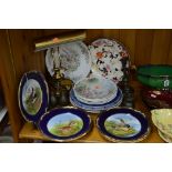 A SET OF SIX SPODE GAME BIRD PLATES, a brass desk lamp, pewter candlestick and cruet and other