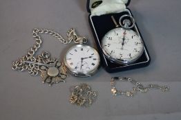 A SILVER FOB WATCH, chain, fob, two other chains and a stopwatch