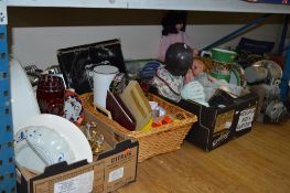 FIVE BOXES OF CERAMICS, GLASS, DOLLS, KITCHENALIA, ETC (5 boxes and loose) (all monies raised to