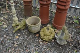 FIVE COMPOSITE GARDEN FIGURES AND POTS, including column, duck, goose, Buddha and barrel and a small