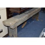 A VINTAGE WOODEN BENCH, approximate length 172cm x height 48cm