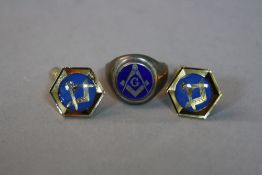 A PAIR OF MASONIC CUFFLINKS, and a Masonic silver ring (3)