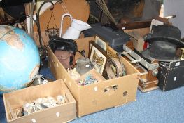THREE BOXES AND LOOSE SUNDRY ITEMS, to include metalware, cutlery, large globe (a/f), bells, die