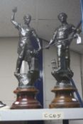 A PAIR OF SPELTER FIGURES OF A BLACKSMITH AND FOUNDRY WORKER, on wooden bases with worn title