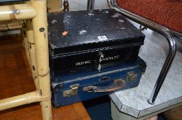 A METAL DEED BOX, suitcase and a glazed terracotta planter (sd) (3)