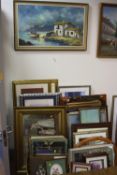 PICTURES, PRINTS AND MIRRORS, a large quantity to include Santos, Continental, fishing boat, oil