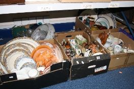 FIVE BOXES OF CERAMICS AND GLASSWARE, including dinner and teawares, figural ornaments, etc (five