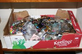 A BOX OF MIXED COSTUME JEWELLERY, etc