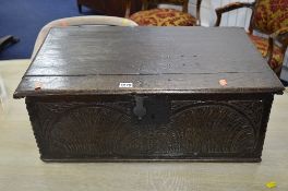 A 18TH CENTURY CARVED OAK BIBLE BOX, with iron hinges and lock, approximate size width 66cm x