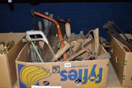 TWO BOXES OF TOOLS, including large auger bits, branding irons, saws, etc