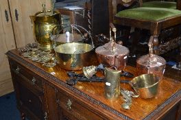 A QUANTITY OF BRASS AND COPPER MISCELLANEOUS, including a coal bucket, jam pans, two kettles,