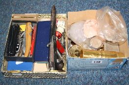 TWO BOXES OF MIXED COMPACTS, KNIVES etc