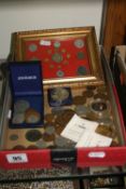 A BOX OF ASSORTED COINS, to include two Windsor proof commemoratives from the King and Queen
